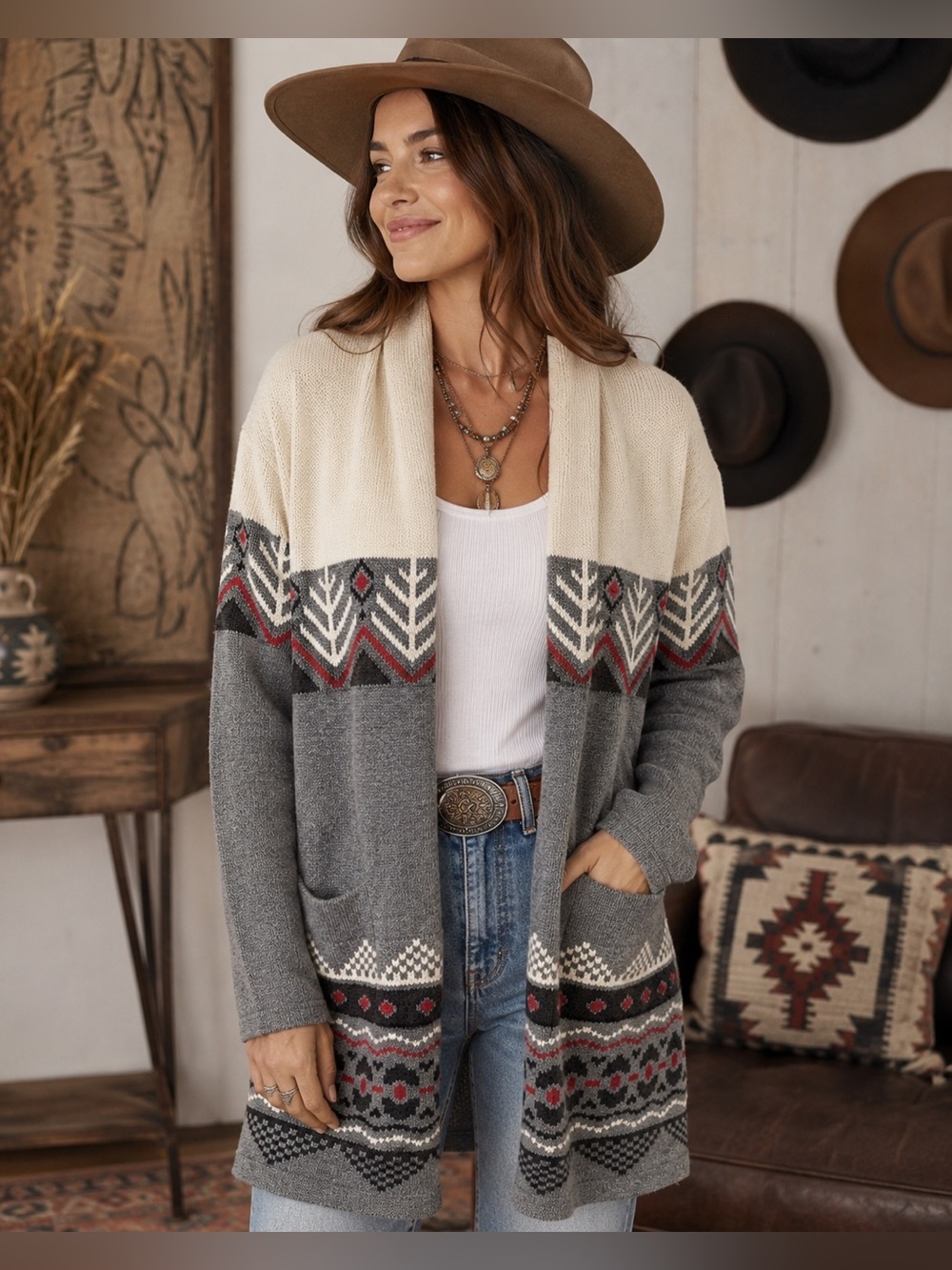 HATLEY HERITAGE Fair Isle Open Cardigan EUC